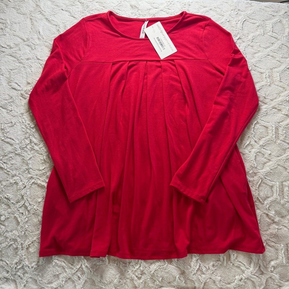 NWT Zenana Premium Red Pleated Babydoll Tunic Long Sleeve Pockets - Size L